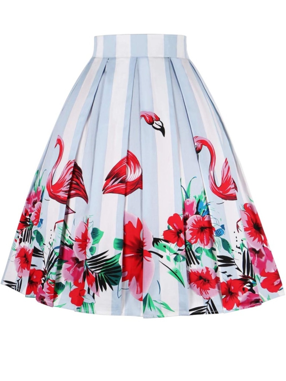 Striped Floral Flamingo Pleated A-Line Skirt - Medium - Picture 2 of 5